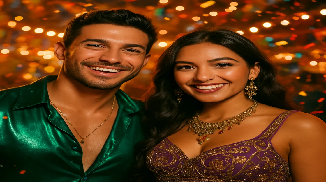 একটি সুখী ও আকর্ষণীয় দম্পতি রঙিন কার্নিভাল পোশাকে একটি খোলা আকাশে উৎসবে উদযাপন করছে, যেখানে একসঙ্গে গেম খেলার মজা, সামাজিকতা ও উত্তেজনাপূর্ণ 분위া বোধ করা যায় — সবই a777bd-এ।