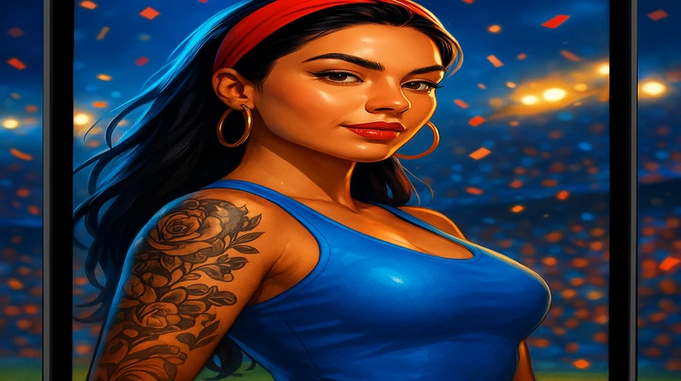 একজন স্টাইলিশ নারী ক্রীড়া-ভক্ত ট্যাটুসহ ভিড়ভরা স্টেডিয়ামে উল্লাস করছেন; তাঁর ছবি একটি স্মার্টফোনের স্ক্রিনে ধরা পড়েছে, যা a777bd অ্যাপের মাধ্যমে খেলার মুহূর্তে পুরো মগ্নতা অনুভব করতে সাহায্য করে।
